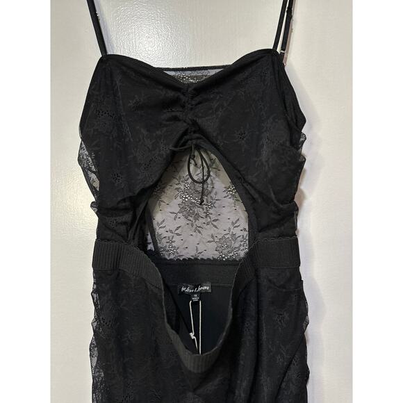 For Love & Lemons Poison Ruched Black Dress Size 1X NWT Stretch Jacquard Lace - Picture 6 of 15